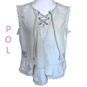 POL Lightweight Denim Distressed Ruffle Rope Cord Criss Cross Grommets Sz Small